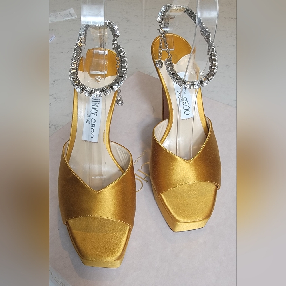 Jimmy Choo Saeda Platform Sandal Yellow Crystal Ankle Strap 37 luxury wedding - Picture 3 of 15